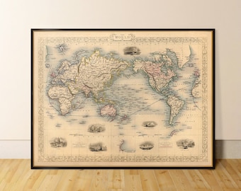 Wereldkaart, oude kaart met illustraties, wanddecoratie in restauratiestijl