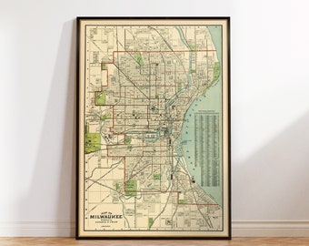 Milwaukee map, decorative wall map art, historical map, house decor