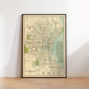 Milwaukee kaart, decoratieve muurkaartkunst, historische kaart, huisdecor