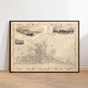 Ancienne carte de Brighton, plan de la vieille ville dans des tons sépia, décoration de pendaison de crémaillère, affiche de carte artistique