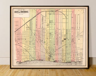 Detroit map, map of Detroit archival reproduction, old maps restored,