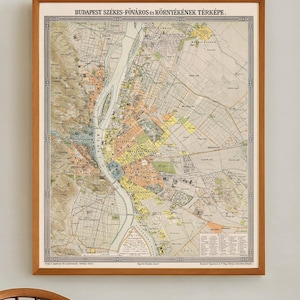 Vintage kaart van Boedapest en omgeving met de Donau en districten | Antieke stadsplattegrond | Archiefafdruk
