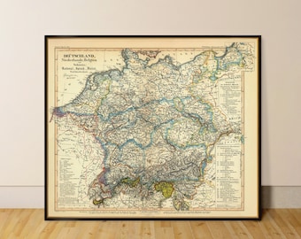 Könnte beinhalten: Eine Vintage-Karte von Deutschland, den Niederlanden, Belgien und der Schweiz. Die Karte ist in Braun, Grün, Blau und Gelb auf cremefarbenem Hintergrund gedruckt. Die Karte zeigt die Landessprachen, Dialekte und Grenzen der Regionen.