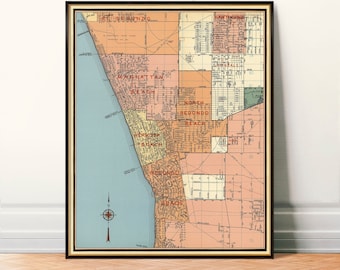Map of Manhattan Beach, Hermosa Beach, Redondo Beach and Torrace, vintage map reproduction printed on paper or canvas