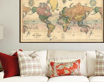 Carte du monde montrant le monde selon la projection de Mercator, cartographie historique, très grande dimension disponible