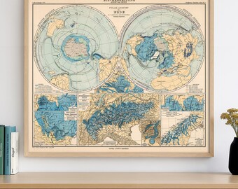 Vintage Ice Distribution World Map | Polar & Mountain Glaciation | Scientific Cartography | Archival Print