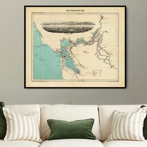 Mappa della Baia di San Francisco - Vecchia mappa decorativa della Baia di San Francisco, riproduzione giclée, mappa murale su carta o tela