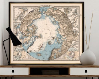 Ancienne carte du pôle Nord - Carte décorative - Carte murale du pôle Nord - Nord Polar Karte, disponible sur papier ou sur toile