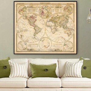 World map - Large old map of the world with a wonderful patina, printed on paper or canvas