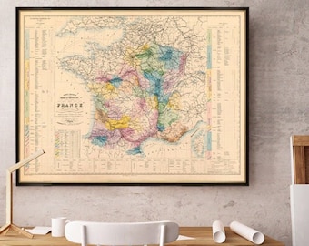 France wine map - Carte vinicole de la France, wonderful map restored, wall decor ideea