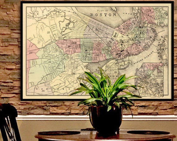 Boston map - Old map of Boston , historical map restored, vintage style wall map decor
