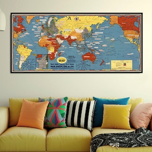 War map of The World, Commemorating D-Day, WWII map dated events ,historical map of Second World War, printed on paper or canvas