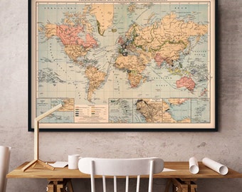 World map - Decorative map - Old wall map - Fine print on paper or canvas