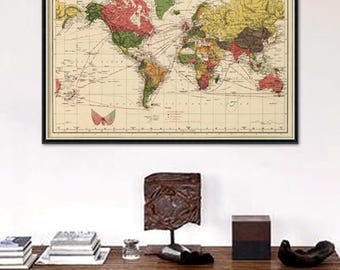 Vintage world map print -Map of the world available on paper or canvas