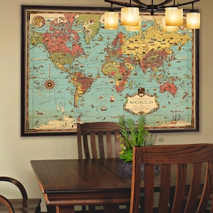 Bildhafte Weltkarte - Wunderbar illustrierte Weltkarte - Weltkarte in Mercator-Projektion - Druck auf Papier oder Leinwand
