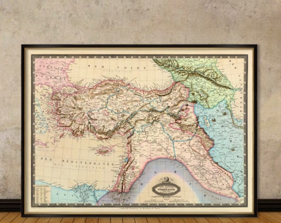 Old map of Turkey , Syria, Liban, Caucasus - Fine print - Restored map on paper or canvas