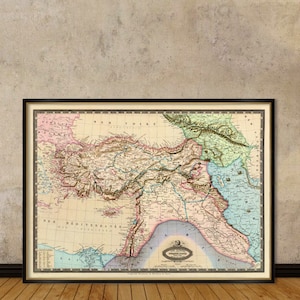 Carte ancienne de la Turquie, de la Syrie, du Liban, du Caucase - Beaux caractères - Carte restaurée sur papier ou toile