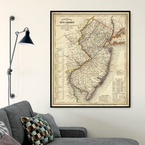 Kaart van New Jersey - Oude kaart hersteld, Grote wandkaart van New Jersey, beschikbaar op papier of canvas