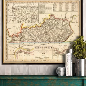 Carte du Kentucky - belle reproduction de carte vintage du Kentucky - Ancienne carte restaurée, disponible sur papier ou toile