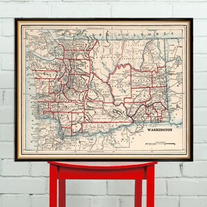Ancienne carte de Washington (état) de 1893 - Grande impression de carte, disponible sur papier ou sur toile