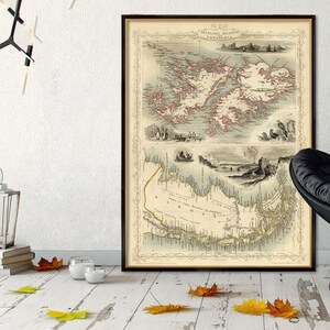 Carte des îles Falkland, carte de la Patagonie - Ancienne carte restaurée - Impression fine sur papier ou toile