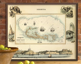 Bermuda Island Pictorial map - Decorative old map , fine print