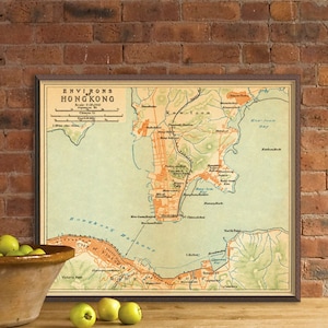 Mapa antigo de Hong Kong - Impressão de mapa antigo da cidade - Impressão fina de Hong Kong em papel ou tela