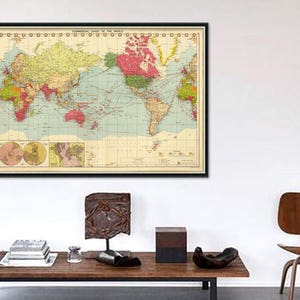 Poster mappa del mondo - Vecchia mappa del mondo - Stampa mappa da parete - Mappa litografata a colori, stampa su carta o tela