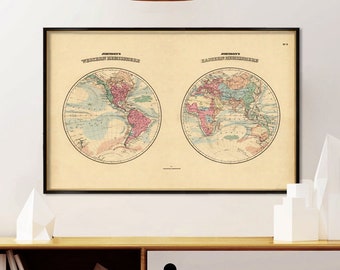 Antique map - World map in two hemispheres - Western Hemisphere - Eastern Hemisphere -  Fine art print on paper or canvas