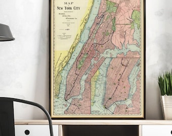 New York City map - Large map of New York City  -  Large wall map  - Old map of NYC available on paper or canvas