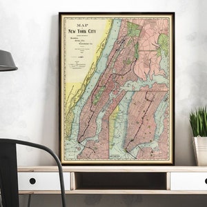 New York City kaart - Grote kaart van New York City - Grote wandkaart - Oude kaart van NYC beschikbaar op papier of canvas