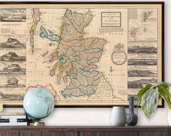 Ancienne carte de l'Ecosse - Carte illustrée de l'Ecosse, impression fine sur papier ou toile