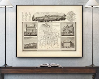 Aachen map - Illustrated map of Aachen, archival reproduction on paper or canvas