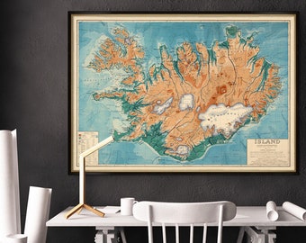 Ancienne carte de l'Islande - Carte de l'Islande en petits caractères - Carte Islandia - Carte murale décorative, disponible sur papier ou sur toile