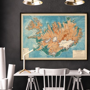 Ancienne carte de l'Islande - Carte de l'Islande en petits caractères - Carte Islandia - Carte murale décorative, disponible sur papier ou sur toile