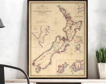 1851年製 ニュージーランド地図 1851年のニュージーランド地図、高解像度プリント最大40x60インチ（100