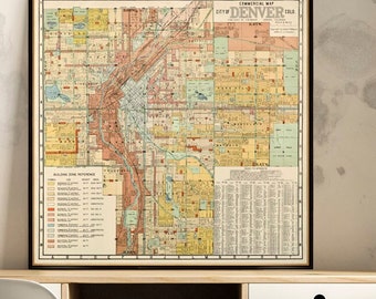 Commercial map of Denver - Old city map from 1933, detailed map, wall art decor, antique style,  restored map