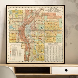 Kommerzieller Stadtplan von Denver - Alter Stadtplan von 1933, detaillierte Karte, Wandkunst Dekor, antiker Stil, restaurierter Stadtplan
