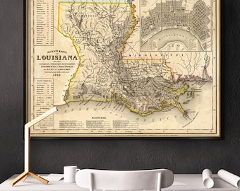 Carte de la Louisiane - reproduction fine de carte vintage de la Louisiane - Ancienne carte restaurée, imprimée sur du papier fin couché ou sur une toile