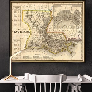 Carte de la Louisiane - reproduction fine de carte vintage de la Louisiane - Ancienne carte restaurée, imprimée sur du papier fin couché ou sur une toile