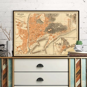 Mapa antiguo de Málaga - Letra pequeña - Impresión de mapa de la ciudad vintage en papel o lienzo