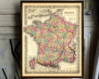 Carte de France vintage, impression fine - La carte de France - Impression d'archives sur papier ou toile