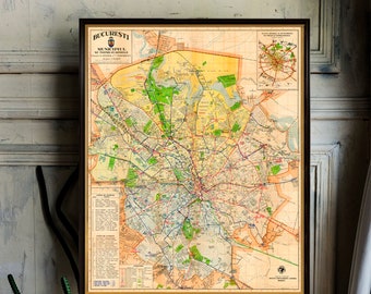 Bucharest map - archival fine print - Harta orasului Bucuresti