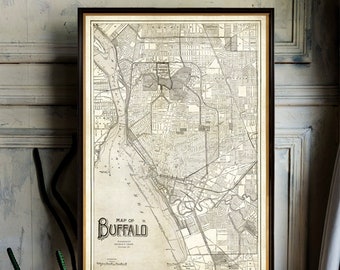 Old map of Buffalo - City of Buffalo map reproduction - Two versions available, sepia & color, printed on paper or canvas
