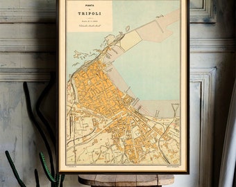 Tripoli map  - Vintage city plan of Tripoli, historical map from 1914, wall map poster