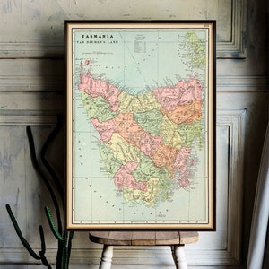 Grande carte de la Tasmanie - impression de carte vintage sur toile ou papier