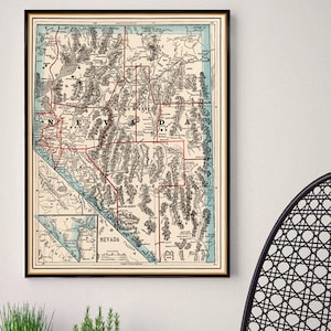 Stara mapa Nevady - Odrestaurowana mapa historyczna, drobny druk - Reprodukcja mapy ściennej na papierze lub płótnie