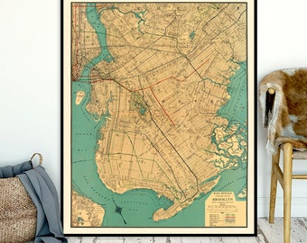 Reproduction d'une ancienne carte de Brooklyn, carte restaurée de 1924, petits caractères pour la décoration de la maison