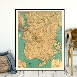 Riproduzione di una vecchia mappa di Brooklyn, mappa restaurata del 1924, caratteri piccoli per la decorazione della casa