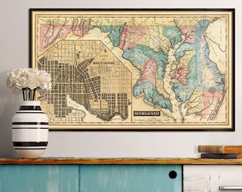 Mapa Maryland – odrestaurowana reprodukcja mapy, w tym mapa Baltimore, plakat artystyczny Wolnego Stanu